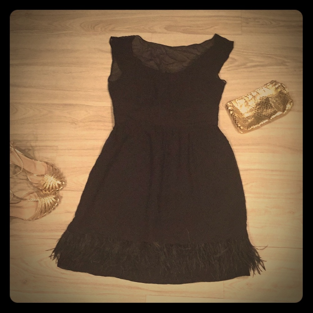 NWT Trina Turk Black silk Cocktail Dress with Feathers